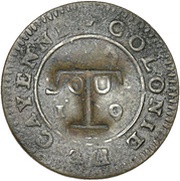 1½ Pence Black Dog; T countermark on Cayenne colony 2 sous obverse image