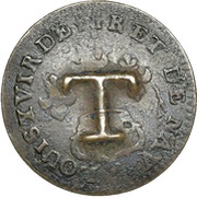 1½ Pence Black Dog; T countermark on Cayenne colony 2 sous reverse image