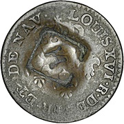 1½ Pence Black Dog; H countermark on Cayenne colony 2 sous obverse image