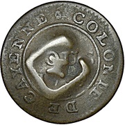 1½ Pence Black Dog; H countermark on Cayenne colony 2 sous reverse image