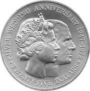25 Dollars - Elizabeth II Silver Wedding, United Kingdom, 1972 reverse image