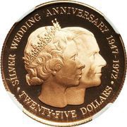 25 Dollars - Elizabeth II Silver Wedding; gold, United Kingdom, 1972 reverse image