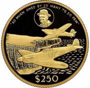 250 Dollars - Elizabeth II Spitfires over Dover, United Kingdom, 1990 reverse image