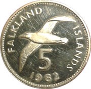 5 Pence - Elizabeth II 2nd portrait; large type, United Kingdom, 1974-1992 reverse image