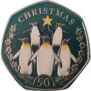 50 Pence - Charles III Christmas Penguins; Coloured, United Kingdom, 2023 reverse image