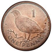 1 Penny - Elizabeth II Barbary Partridge; magnetic, United Kingdom, 1995-1997 reverse image