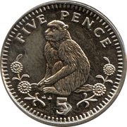 5 Pence - Elizabeth II Barbary Macaque; large type, United Kingdom, 1988-1989 reverse image