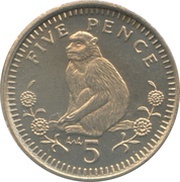 5 Pence - Elizabeth II Barbary Macaque; small type, United Kingdom, 1990-1997 reverse image