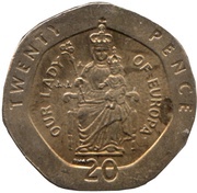 20 Pence - Elizabeth II Our Lady of Europa; head with tiara, United Kingdom, 1998-2003 reverse image