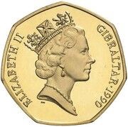 50 Pence - Elizabeth II Dolphins - large type; Gold Proof obverse image