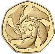 50 Pence - Elizabeth II Dolphins - large type; Gold Proof, United Kingdom, 1990 reverse image