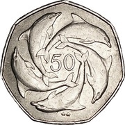 50 Pence - Elizabeth II Dolphins - large type, United Kingdom, 1990-1997 reverse image