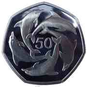 50 Pence - Elizabeth II Dolphins - small type; Silver Proof, United Kingdom, 1997 reverse image