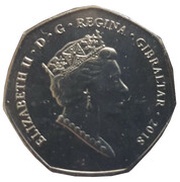 50 Pence - Elizabeth II Falklands Reverse Mule - Macaroni Penguin; Coloured obverse image