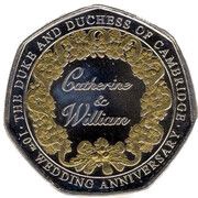 50 Pence - Elizabeth II The Duke and Duchess of Cambridge 10th Wedding Anniversary; Selective Gold Ink, United Kingdom, 2021 reverse image
