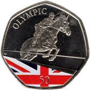 50 Pence - Elizabeth II Summer Olympic Games - Equestrian; colourised version, United Kingdom, 2021 reverse image