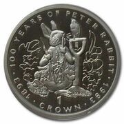 1 Crown - Elizabeth II Peter Rabbit-100 years; Silver Proof, United Kingdom, 1993 reverse image