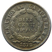 10 Centavos Type 2 lettering "LA UNION ES LA FUERZA", Bolivia, 1872-1875 reverse image