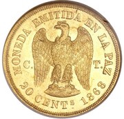 20 Centavos Gold Pattern, Bolivia, 1868 reverse image