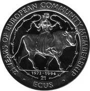 21 ECUs - Elizabeth II Europa on a Bull, United Kingdom, 1994 reverse image