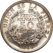 ½ Boliviano / 50 Centavos, Bolivia, 1909 reverse image