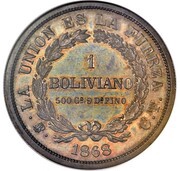 1 Boliviano pattern, Bolivia, 1868 reverse image