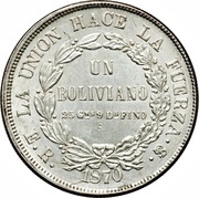 1 Boliviano, Bolivia, 1870-1872 reverse image