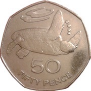 50 Pence - Elizabeth II 2nd portrait; large type, United Kingdom, 1984 reverse image
