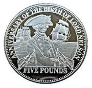 5 Pounds - Elizabeth II Anniversary of Lord Nelson's Birth; Silver, United Kingdom, 2008 reverse image