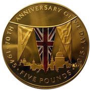 5 Pounds - Elizabeth II 70th Anniversary of V.E. Day; Gold Plated, United Kingdom, 2015 reverse image