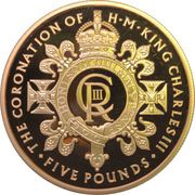 5 Pounds - Charles III Coronation; gold plated, United Kingdom, 2023 reverse image