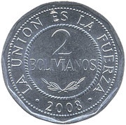 2 Bolivianos large type, Bolivia, 1995-2008 reverse image