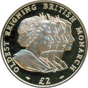 2 Pounds - Elizabeth II Oldest Reigning Monarch; Silver Proof Issue, United Kingdom, 2008 reverse image