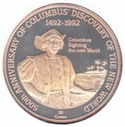 20 Crowns - Elizabeth II Columbus Sighting the New World, United Kingdom, 1992 reverse image
