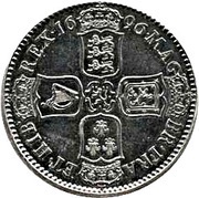½ Crown - William III 1st bust; large shields, early harp, United Kingdom, 1696 reverse image