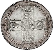 ½ Crown - William III 1st bust; large shields, ordinary harp, United Kingdom, 1696-1697 reverse image
