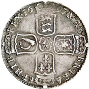 ½ Crown - William III 1st bust; large shields, ordinary harp, United Kingdom, 1696-1697 reverse image