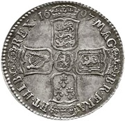 ½ Crown - William III 1st bust; large shields, ordinary harp, United Kingdom, 1696-1697 reverse image