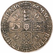 1 Crown - Charles II 2nd bust; Africa Company, United Kingdom, 1666 reverse image