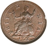 1 Farthing - George I 2nd issue; larger flan, United Kingdom, 1719-1724 reverse image