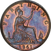 1 Farthing - Victoria 2nd portrait; 1st type, United Kingdom, 1860-1873 reverse image