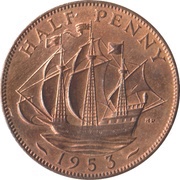 ½ Penny - Elizabeth II 1st portrait; with 'BRITT:OMN', United Kingdom, 1953 reverse image
