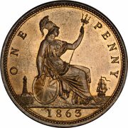 1 Penny - Victoria 2nd portrait; 1st type, United Kingdom, 1860-1874 reverse image
