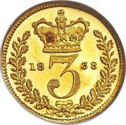 3 Pence - Victoria 1st portrait; Maundy, Gold proof, United Kingdom, 1838 reverse image