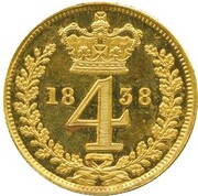 4 Pence - Victoria 1st portrait; Maundy, Gold proof, United Kingdom, 1838 reverse image