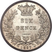 6 Pence - Victoria 1st portrait; 2nd type, United Kingdom, 1867-1880 reverse image