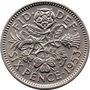 6 Pence - Elizabeth II 1st portrait; with 'BRITT:OMN', United Kingdom, 1953 reverse image