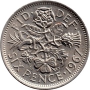 6 Pence - Elizabeth II 1st portrait; no 'BRITT:OMN', United Kingdom, 1954-1970 reverse image