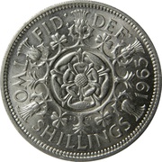 2 Shillings - Elizabeth II 1st portrait; no 'BRITT:OMN', United Kingdom, 1954-1970 reverse image