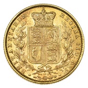 1 Sovereign - Victoria 1st portrait; Shield, United Kingdom, 1838-1874 reverse image